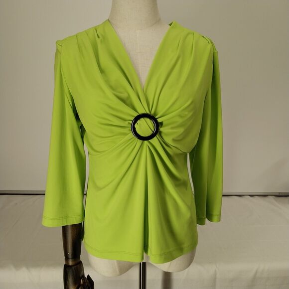 Julie Mitchell Lime Green Gathered V Neck Blouse Size L - Picture 1 of 8